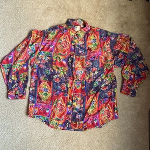 Vintage Floral Abstract Funky Silk Shirt L